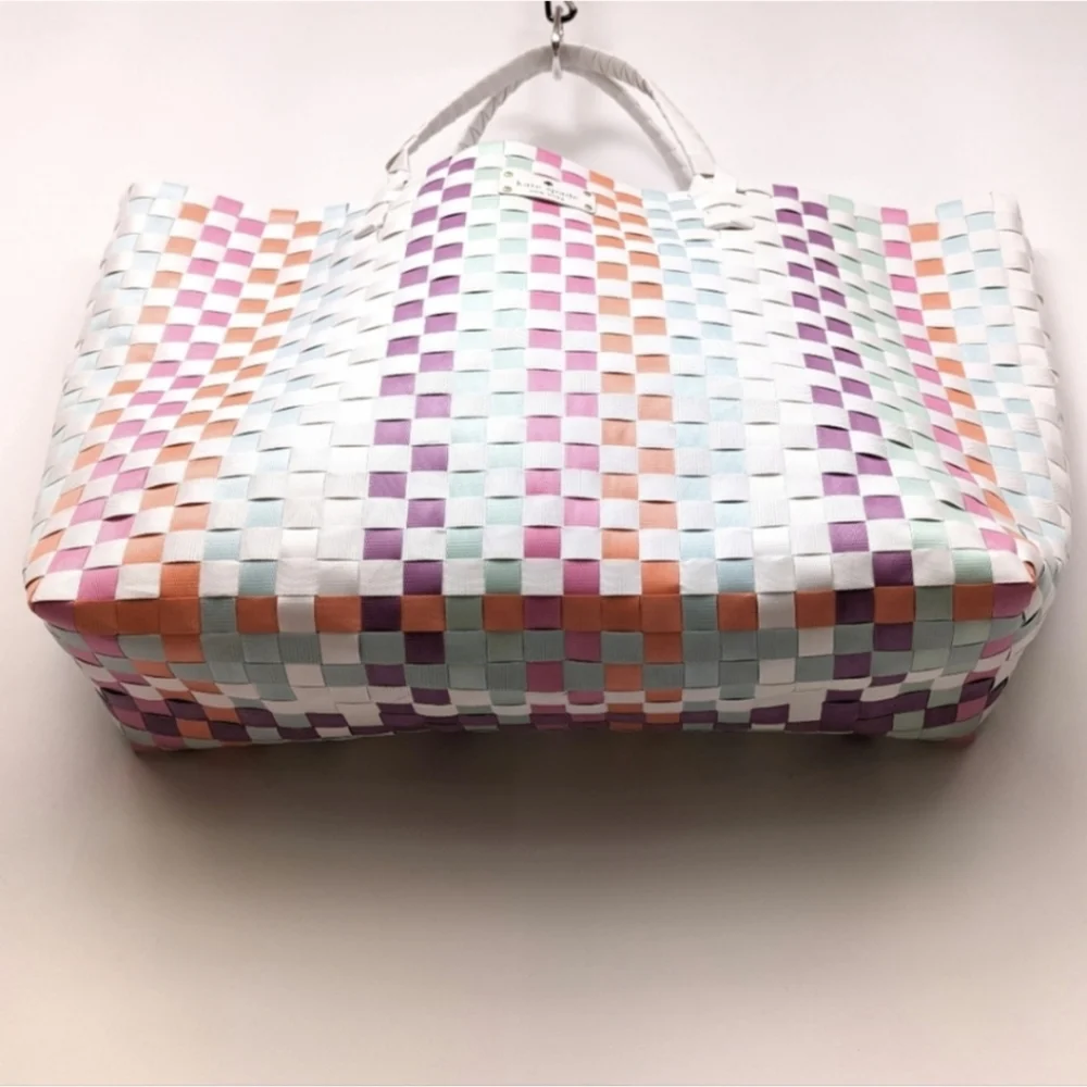 Kate Spade Multicolor Woven Tote Checkerboard Pastel Brights Striped Beach Bag L